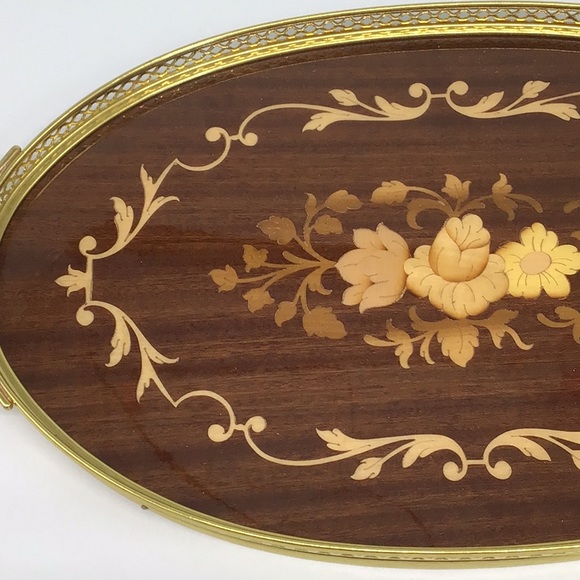 Italian Wood Inlay Oval Serving Tray - Picture 7 of 10